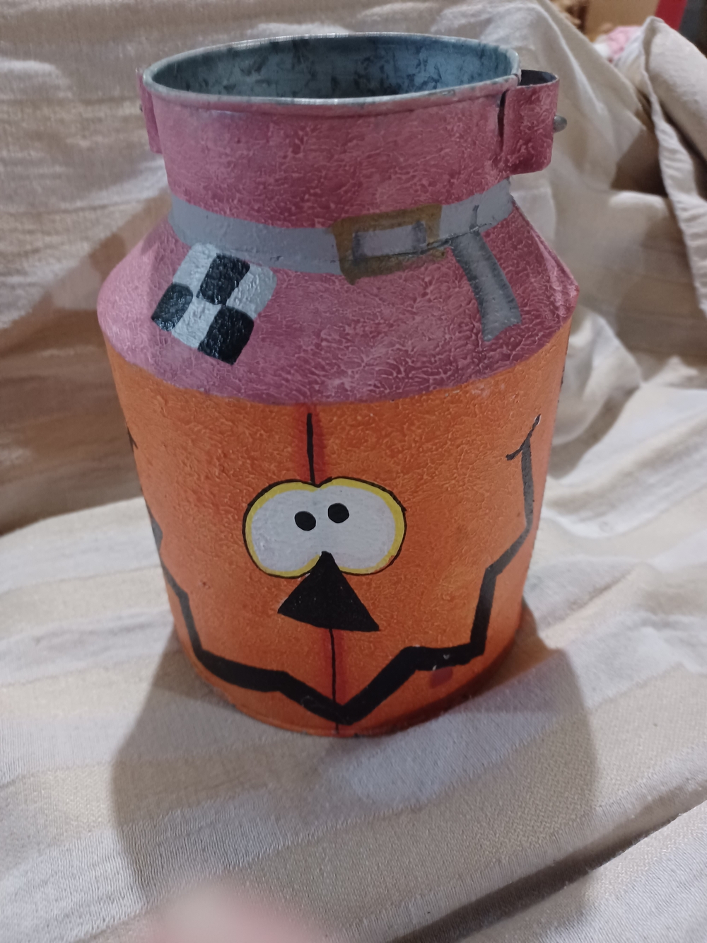 Vintage Orange & Pink Painted Pumpkin Metal Pail Halloween Decor
